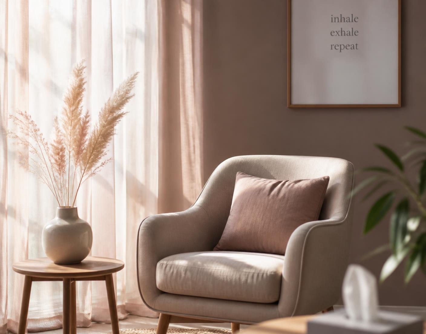 Sunlit counseling room with a soft armchair, sheer curtains, and dried grasses
